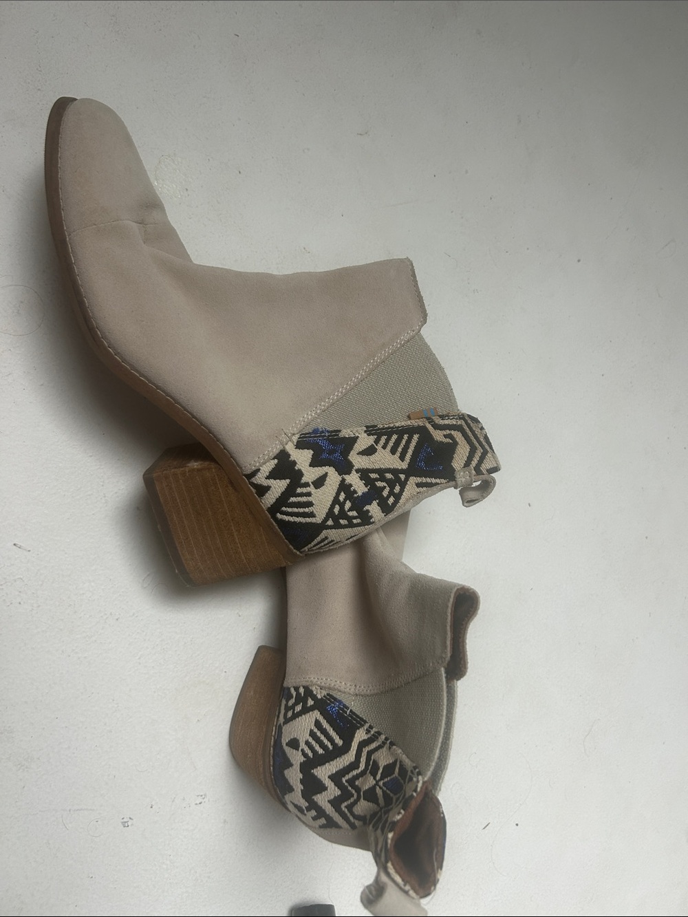 Toms Beige Suede Ankle Booties with Patterned Heel Panel